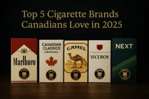 alt="Top Canadian cigarette brands including Marlboro and Canadian Classics" alt="Marlboro cigarettes pack on a dark background" alt="Canadian Classics cigarettes with maple leaf packaging" alt="Camel brand cigarettes displayed in a wooden box" alt="Popular cigarette brands available online in Canada"