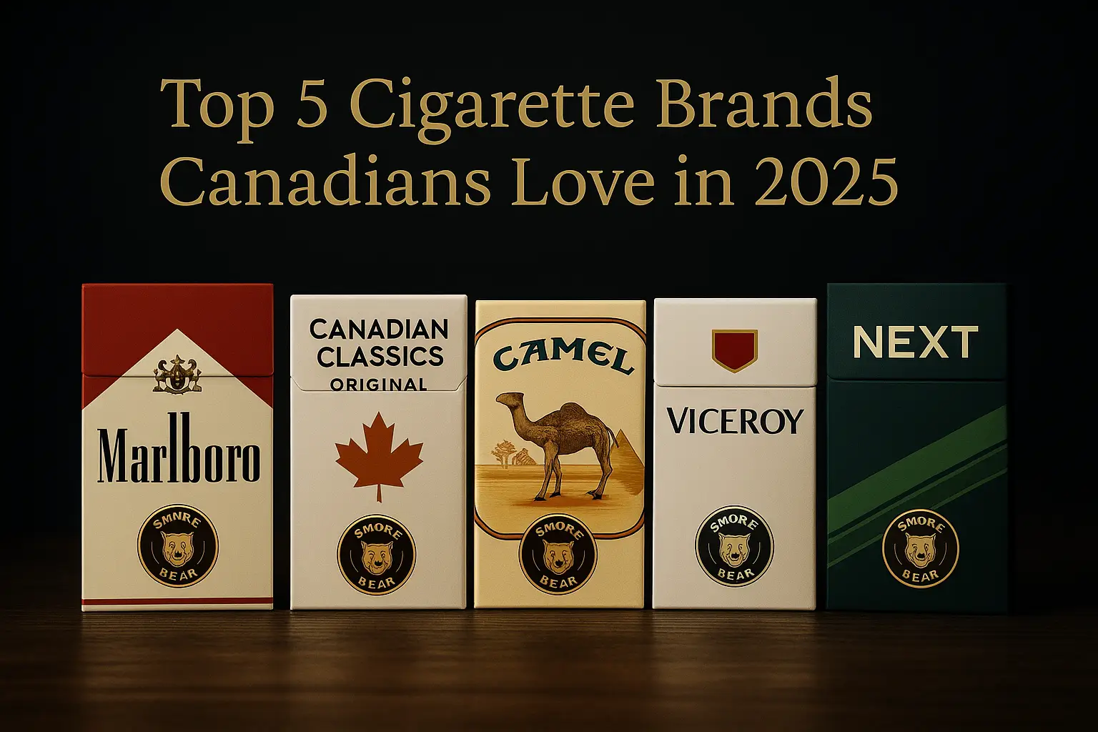 alt="Top Canadian cigarette brands including Marlboro and Canadian Classics" alt="Marlboro cigarettes pack on a dark background" alt="Canadian Classics cigarettes with maple leaf packaging" alt="Camel brand cigarettes displayed in a wooden box" alt="Popular cigarette brands available online in Canada"